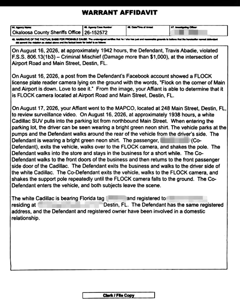 Page one of the warrant affidavit, Okaloosa County case 26-152572, describing the August 16 incident, the Facebook post, and the surveillance video reviewed on August 17.