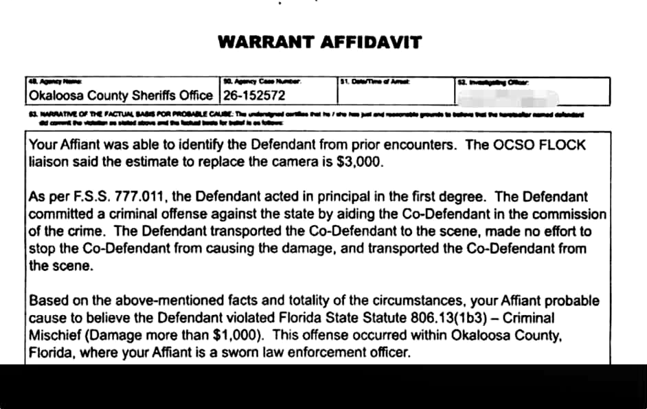 Page two of the warrant affidavit, stating the $3,000 replacement estimate and the principal-in-the-first-degree theory.